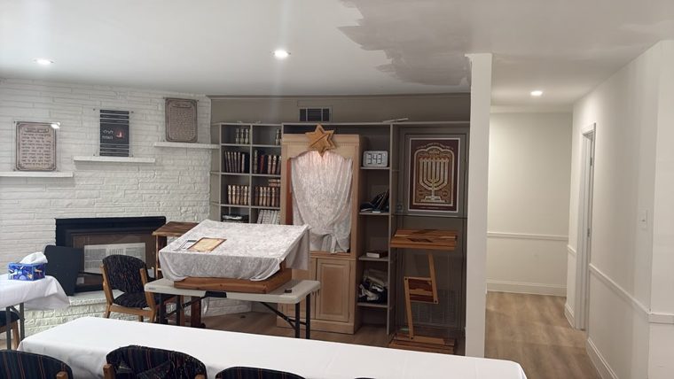 The Aron Kodesh with seforim shelves and menorah artwork